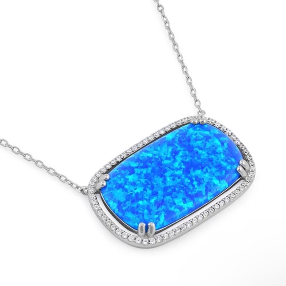 925 Sterling Silver Blue Opal Squoval CZ Halo Necklace - Picture 3 of 6